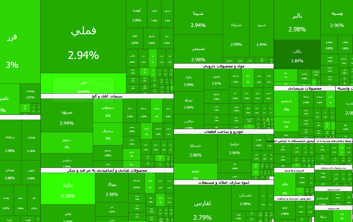عملکرد نیمه بازار سهام امروز شنبه ۹ خرداد ۱۴۰۵؛ حتی یک نماد هم منفی نیست