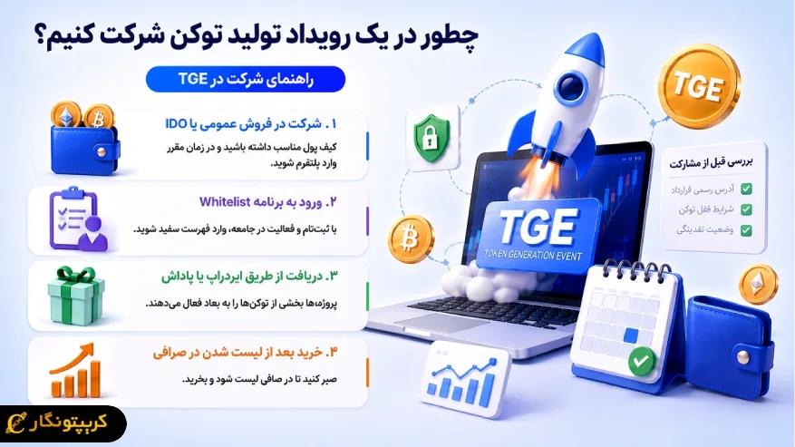 رویداد تولید توکن چیست؟ راهنمای جامع TGE راهنمای سریع شرکت در رویداد تولید توکن (TGE)؛ از فروش عمومی و وایتلیست تا ایردراپ و خرید بعد از لیست شدن.