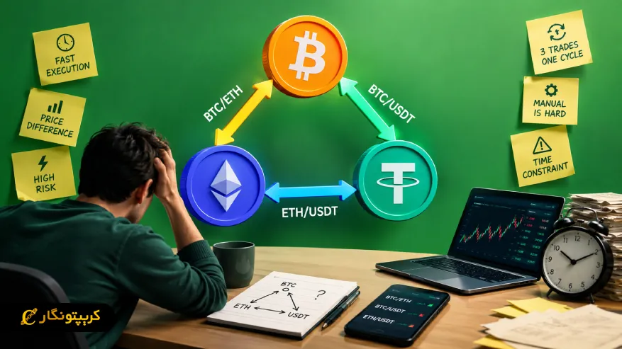 آربیتراژ مثلثی چیست؟ راهنمای کامل کسب سود از اختلاف قیمت سه ارز دیجیتال چالش های اجرای دستی معاملات آربیتراژ مثلثی