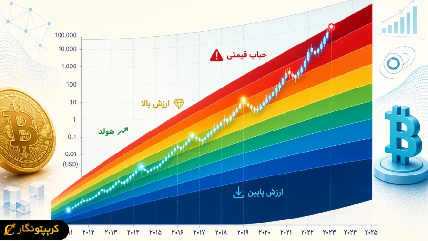 نمودار رنگین کمان بیت کوین محدوده های مختلف ارزش گذاری قیمت را نشان میدهد.
